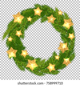 Vector Christmas decorative wreath with gold stars on transparent background