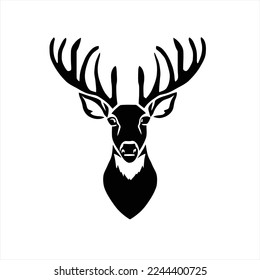 Cara vectorial de navidad, ilustración vectorial. La cabeza de un ciervo con cuernos en la cabeza, ilustración en blanco y negro, sobre un fondo blanco