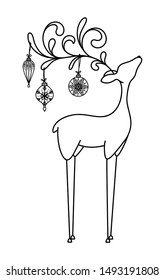 Vector Christmas deer illustration with ornamental antlers and Christmas balls
