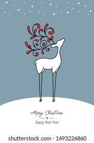 Vector Christmas deer illustration with ornamental antlers and merry Christmas greetings