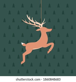 Vector christmas deer on green background with tree.