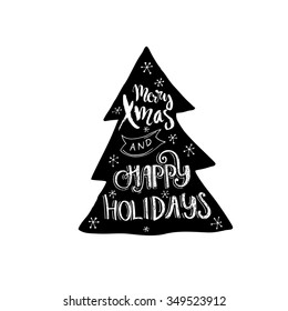Vector Christmas design element. Handdrawn Christmas tree and lettering. Isolated clipart.
