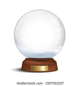 Vector Christmas design element. Snow globe with shiny snow and golden badge on brown wooden base.