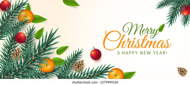 Vector Christmas design with fir branches, orange tangerines, red balls and pinecones. Realistic festive illustration