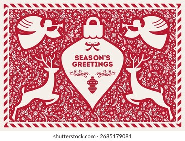 Vector Christmas design in red and white featuring angels, deer, and ornament with Seasons Greetings text. Folk papercut style isolated on white background.