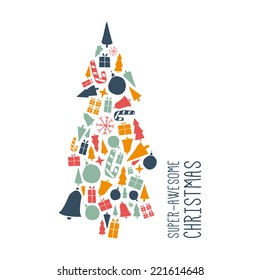 Vector Christmas design. Tree composed from various Christmas objects. Hand drawn graphic.