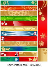 Vector Christmas detailed holiday banners 468x60 120x600 120x170. Colorful decorative designs include snowflakes, ornaments, snowman, santa, swirls.