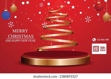 Vector Christmas discount banner with Christmas tree decorations in the form of gold ribbons and gold and red podium stage for product placement, celebrating winter and Christmas celebrations 