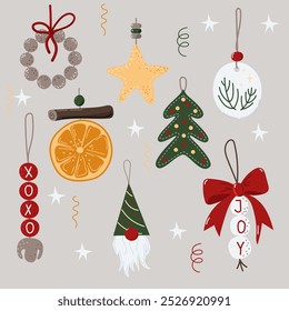 Conjunto de decoraciones de bricolaje de Navidades de Vector que incluye fieltro cosido noel tree, estrella, gnomo, naranja seca, canela, arcilla y decoraciones de madera, cuentas y campanas, lazos.
