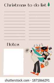 Vector christmas to do list with lines and place for notes. A sad tired girl drags a load of Christmas chores behind her back. A metaphor about problems and worries during the Christmas holiday