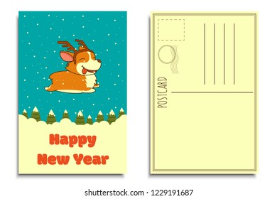 Vector Christmas dog on winter forest background. Welsh corgi dog wearing deer horn rim.