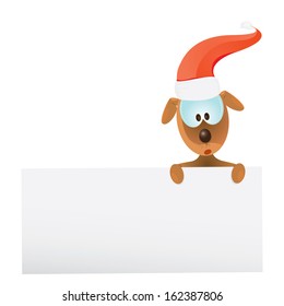 vector Christmas dog in Christmas santa red hat holding white banner for your text.