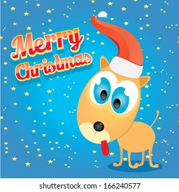 vector Christmas dog in Christmas santa red hat  on blue sky night background with lights or stars