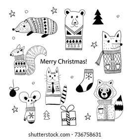 Vector Christmas  Doodle Animals: hedgehog, bear, squirrel, cat, fox, raccoon, and mouse