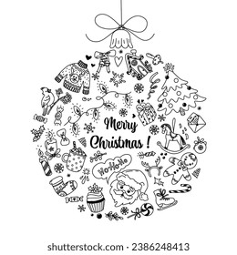 Vector Christmas doodle ball background. Cute hand drawn doodle elements in the form of Christmas tree decoration 