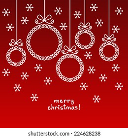 Vector christmas doodle balls in shape of frame for family photo or text box. Cute invitation, greeting card. Red linear illustration for print, web