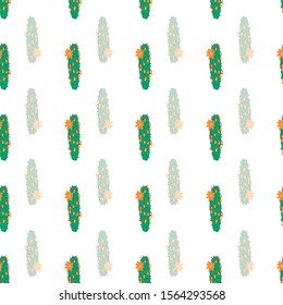 vector Christmas doodle cactus seamless repeat pattern on white background, cactus with fairy lights