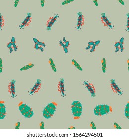 vector Christmas doodle cactus seamless repeat pattern on green background, cactus with fairy lights