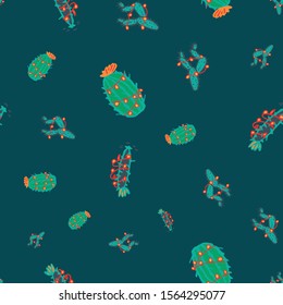 vector Christmas doodle cactus seamless repeat pattern on dark green background, cactus with fairy lights