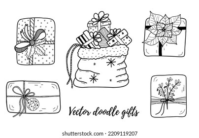 Vector Christmas doodle collection of decor with presents, gifts, bad with gifts. Great for print, textile, promotions, backgrounds