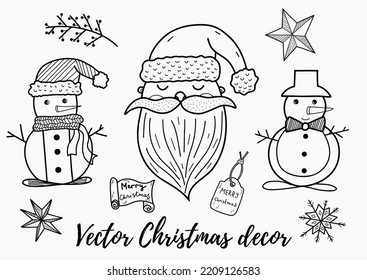 Colección vectorial de doodle navideño de decoración con cabeza de santa, muñeco de nieve, estrellas, copo de nieve. Ideal para imprimir, textiles, promociones, fondos