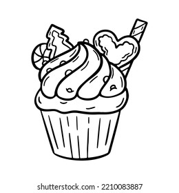 Pastel de doodle de navidad vectorial con diseño de mano crema. Dulce postre de año nuevo con galletas aisladas de fondo blanco. Para imprimir, colorear, logotipo