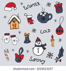 Vector Christmas doodle elements collection. Winter holidays colorful doodles in flat style.