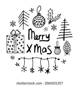 Vector Christmas doodle elements. Simple hand drawn winter illustrations. Christmas card, Happy New Year