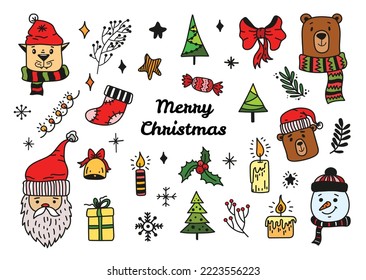 Vector Christmas doodle elemnts collection for cards, banners. Winter holidays colorful doodles in flat style. Cartoon elements santa, snowman, bear, red  bow, candles, Christmas tree, decorations. 