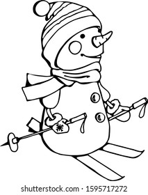 Vector Christmas doodle funny characters of a snowman in a hat and scarf on skis. Cute hand drawn character. Festive linear illustration.
