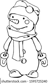 Vector Christmas doodle funny characters of a snowman in a hat and scarf. Cute hand drawn character. Festive linear illustration.