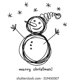 Vector Christmas doodle funny snowman. Cute hand drawn childish invitation, greeting card. Holiday linear illustration for print, web