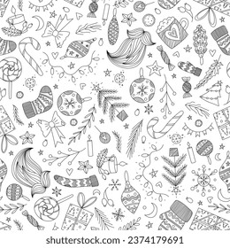 vector christmas doodle repeating seamless pattern ornaments, santa stocking, mittens, beard, pine tree, candy cane, lollipop, xmas outline sketch line art vintage christmas repeat tile wrapping paper