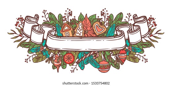 Vector Christmas doodle ribbon. Banner with empty place for text with festive décor fir branches, balls, gingerbread, plants. Hand drawn sketch illustration for web. Holiday emblem or label