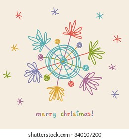 Vector christmas doodle snowflake. Festive card. Original elegant simple element. Abstract decorative illustration in child's hand drawn style for print, web