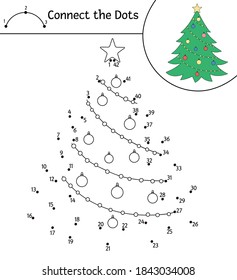 Vector Christmas dot-to-dot and color activity with cute fir tree. Winter holiday connect the dots game for children. Funny coloring page for kids with traditional New Year symbol. 
