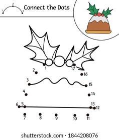 Vector Christmas dot-to-dot and color activity with cute dessert. Winter holiday connect the dots game for children with cherry pudding. Funny coloring page for kids with traditional New Year symbol