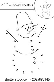 Vector Christmas dot-to-dot and color activity with cute snowman. Winter holiday connect the dots game for children with snow man. Coloring page for kids with traditional New Year symbol