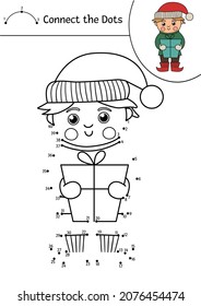 Vector Christmas dot-to-dot and color activity with cute elf boy holding present. Winter holiday connect the dots game for children. Funny coloring page for kids with traditional character