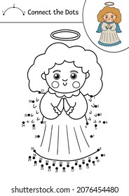 Vector Christmas dot-to-dot and color activity with cute angel. Winter religious holiday connect the dots game for children. Funny coloring page for kids with traditional Christian symbol