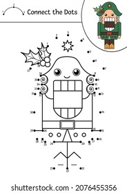 Vector Christmas dot-to-dot and color activity with cute Nutcracker. Winter holiday connect the dots game for children with fairytale soldier. Funny coloring page for kids with traditional symbol
