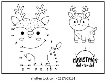 Vector Christmas dot-to-dot and color activity with cute kawaii deer. Winter holiday connect the dots game for children with funny animal. New Year coloring page for kids. Printable worksheet
