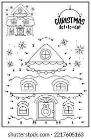 Vector Christmas dot-to-dot and color activity with cute kawaii house. Winter holiday connect the dots game with snow covered cottage or home. New Year coloring page for kids. Printable worksheet
