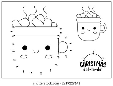 Vector Christmas dot-to-dot and color activity with cute kawaii cacao mug with marshmallow. Winter holiday connect the dots game with hot drink. New Year printable coloring page for kids
