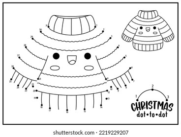 Vector Christmas dot-to-dot and color activity with cute kawaii sweater. Winter holiday connect the dots game with funny warm clothes. New Year coloring page for kids. Printable worksheet
