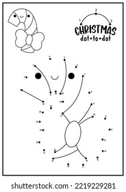 Vector Christmas dot-to-dot and color activity with cute kawaii candy cane. Winter holiday connect the dots game for children with funny sweet. New Year coloring page for kids. Printable worksheet
