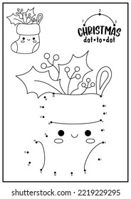 Vector Christmas dot-to-dot and color activity with cute kawaii stocking. Winter holiday connect the dots game for children with funny sock. New Year coloring page for kids. Printable worksheet
