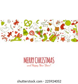 Vector Christmas drawing horizontal ribbon.Vintage new year background. Happy holidays hand drawing illustration.