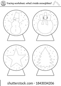 Vector Christmas drawing practice worksheet. Winter printable black and white activity for pre-school children. Educational tracing game for writing skills. What’s inside snow globes?  
