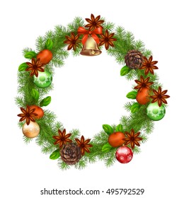 Vector Christmas drawing tree branch wreath with cones and decorations on white background